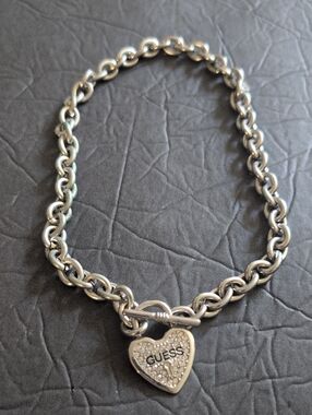 GUESS Silver Crystal Heart Toggle Necklace